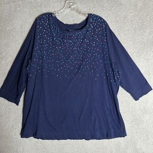 Kim Rogers Curvy Shirt Top‎ Womens Size 2X Blue Polka Dot 3/4 Sleeve Cotton